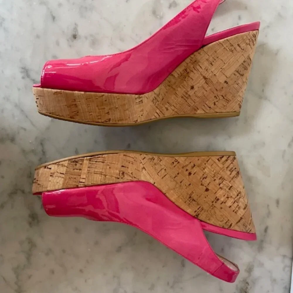 STUART WEITZMAN Jenny Fuchsia Peep Toe Sling Back Cork Wedge 6M